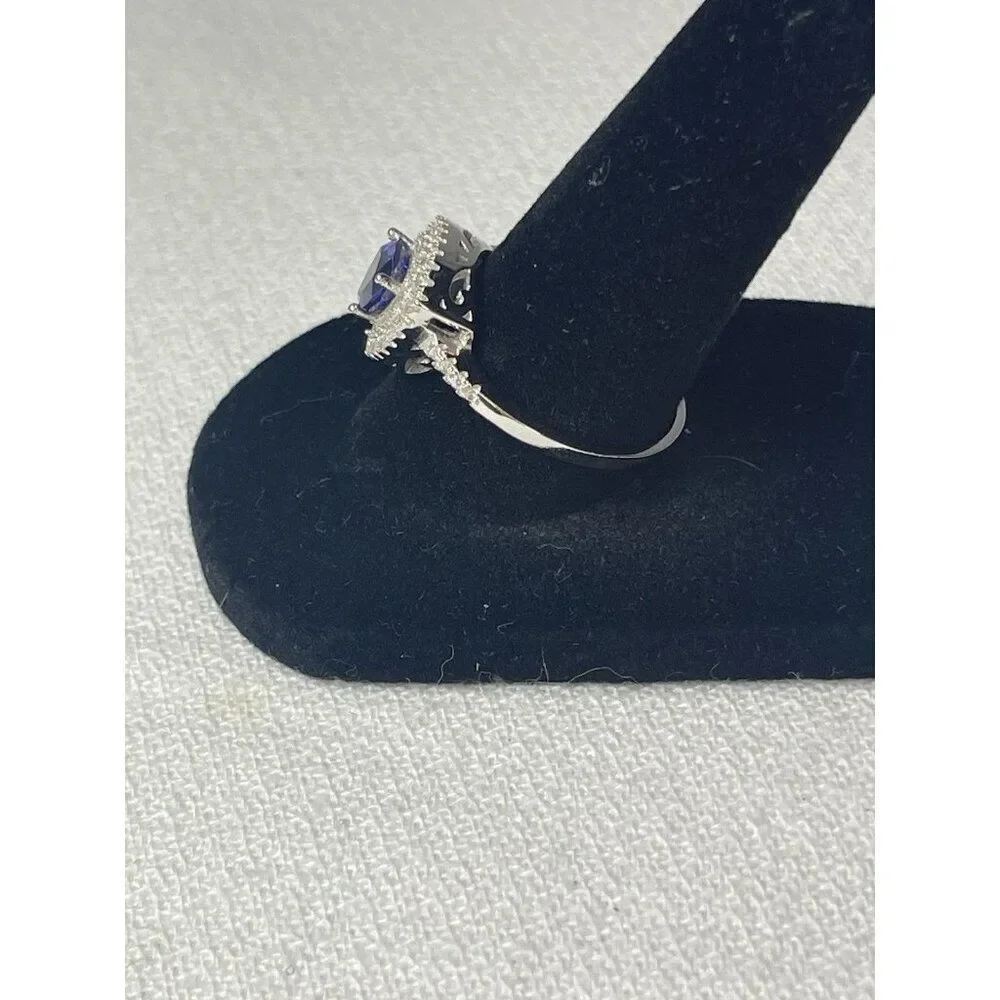 Trillion Cut Tanzanite & White Topaz Halo Ring 1.75ct Size 8 925 Sterling Silver